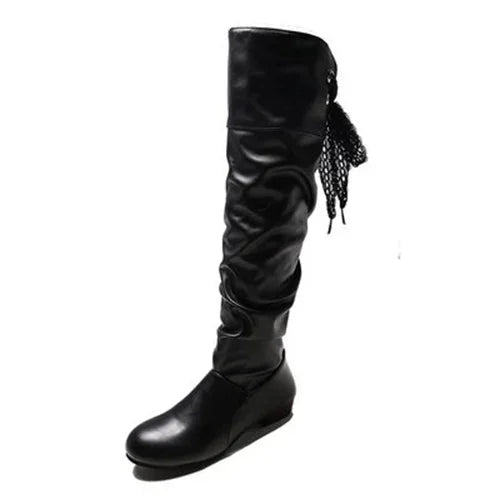 2024 Women’s Knee-High Boots – Pleated Leather, Low Heel, Casual Shoes