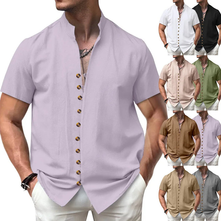 Summer New Short Sleeve Shirts for Men Fashion Solid Casual Linen Tops Breathable Stand Collar Loose Beach Blouses Men Clothing