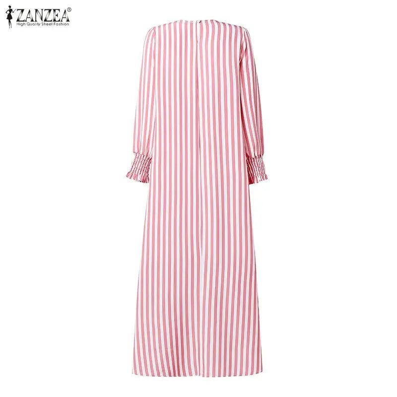 ZANZEA Fashion Muslim Dresses Ramadan Abaya Elegant Women O  Neck Long Sleeve Striped Sundress Casual Kaftan Dubai Robe Femme
