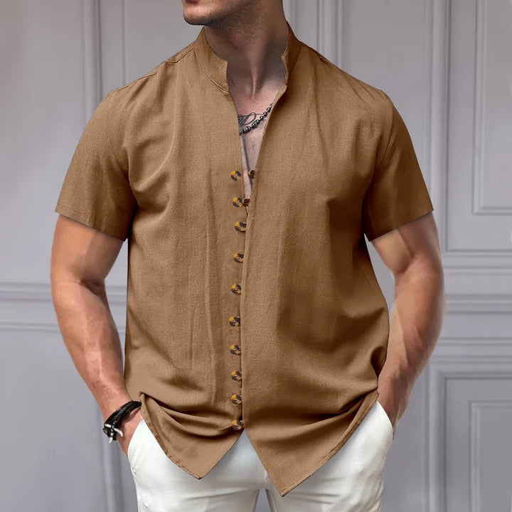 Summer New Short Sleeve Shirts for Men Fashion Solid Casual Linen Tops Breathable Stand Collar Loose Beach Blouses Men Clothing