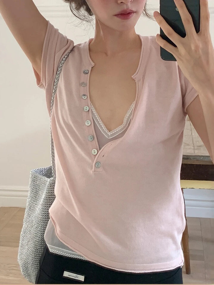 Shell Button Knit T-shirts Women Summer Simple Versatile Slim V-neck Short Sleeve Tess Sweet Korean Style Chic Tshirt Tops New