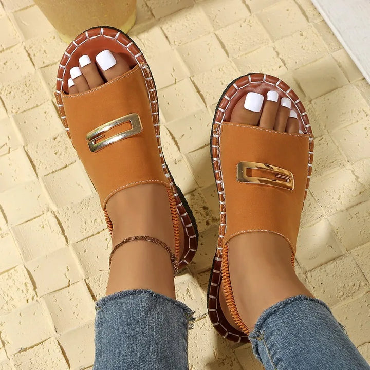 Women’s Summer Beach Sandals – Metal Decorative, Open-Toe, Non-Slip