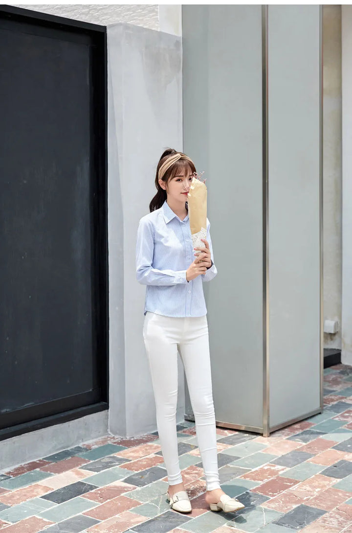 White Blue Pink Striped Shirt Women 2024 Spring New Simple Casual Long Sleeves Blouses and Tops Office Fashion Ladies Clothes