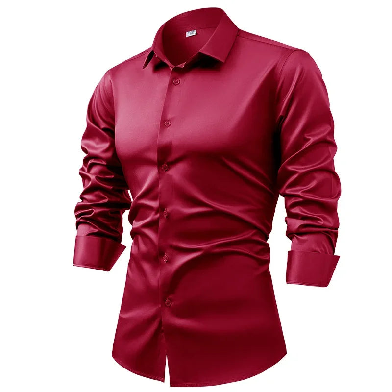 High-end Satin Shirts for Men Fashion Long Sleeved Solid Dress Shirts Men's Business Social Non-ironing Wrinkle-resistant Shirts