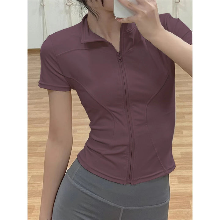 Women’s Summer Yoga Top – Slim Fit, Full Zipper, Short Sleeve