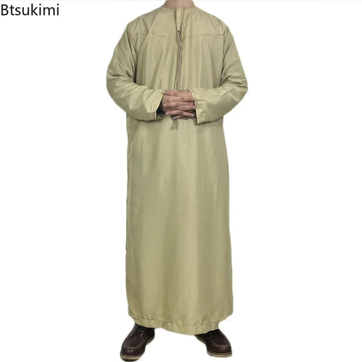 Middle East Arab Kaftan Men Muslim Clothing Solid Long-sleeved Round Neck Robes Causal Loose Men Jubba Thobe National Costumes