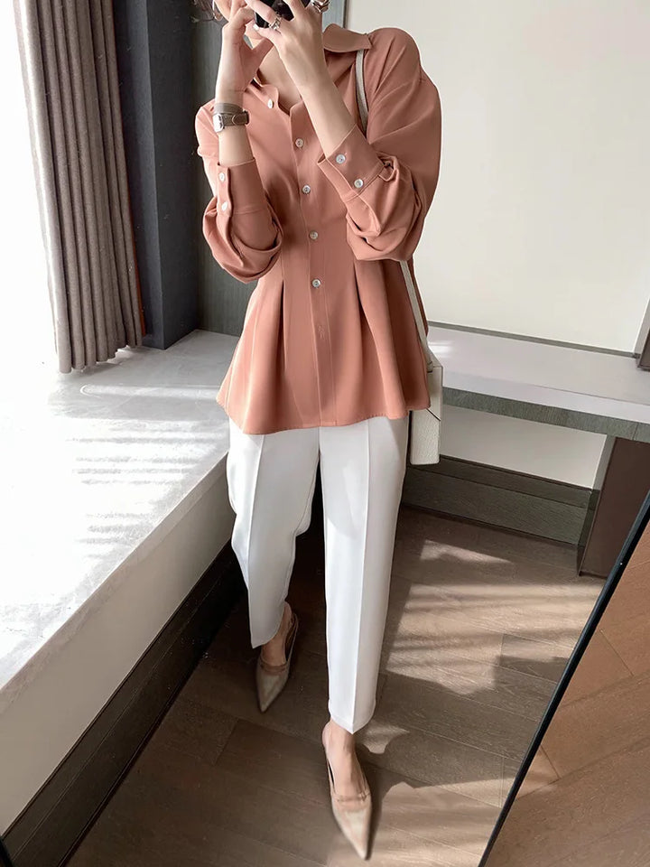 Elegant Women Shirts Woman Waist Long Sleeve Lapel Single Breasted Sashe Shirt Office Lady Business Pleated Ruched Blouses Tops