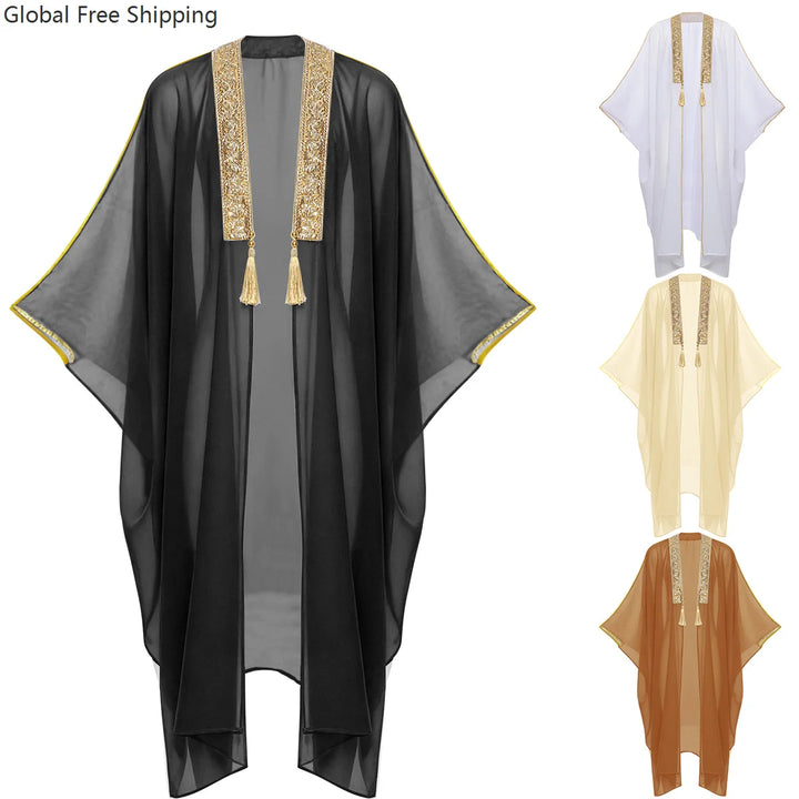 Men's Muslim Kimono-style Chiffon Robe Turkish Arabic Islamic Men's Muslim Robe Cosplay Ramadan Embroidered Robe Prayer Garment