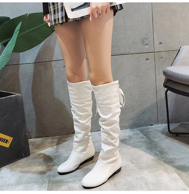2024 Women’s Knee-High Boots – Pleated Leather, Low Heel, Casual Shoes