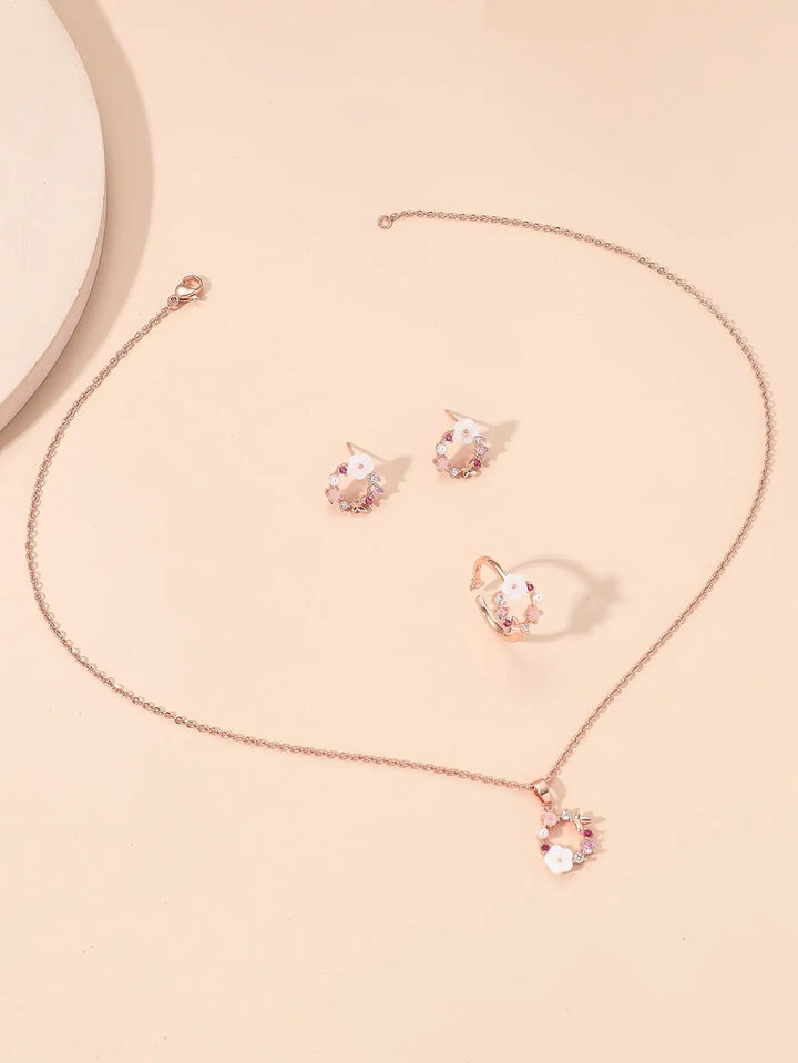 Schmuckset für Damen in Roségold mit Blumenmuster – Halskette, Ring &amp; Ohrringe