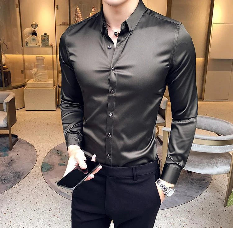 Plain Long Sleeve Shirts and Blouses for Men Business Silk Summer Button Man Tops Fashion 2025 Social High Quality Clothing S I