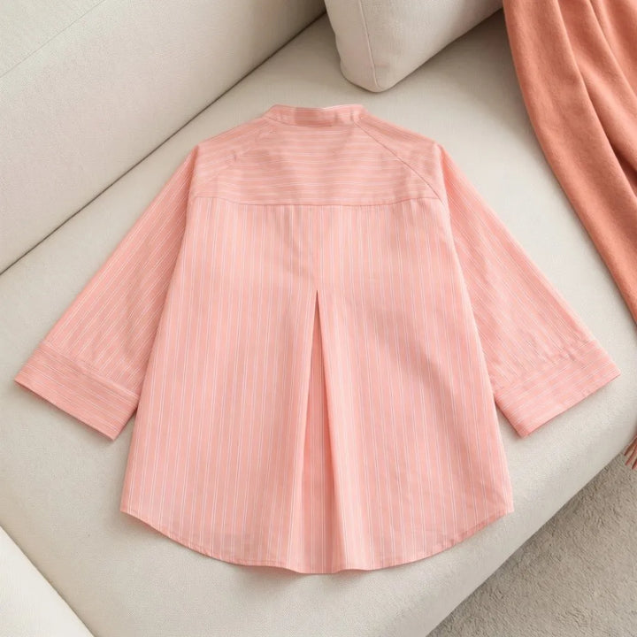 Striped Loose Striped Shirt Elegant Mid Sleeve Button Tops European American Style Asymmetric Casual Blouse for Woman