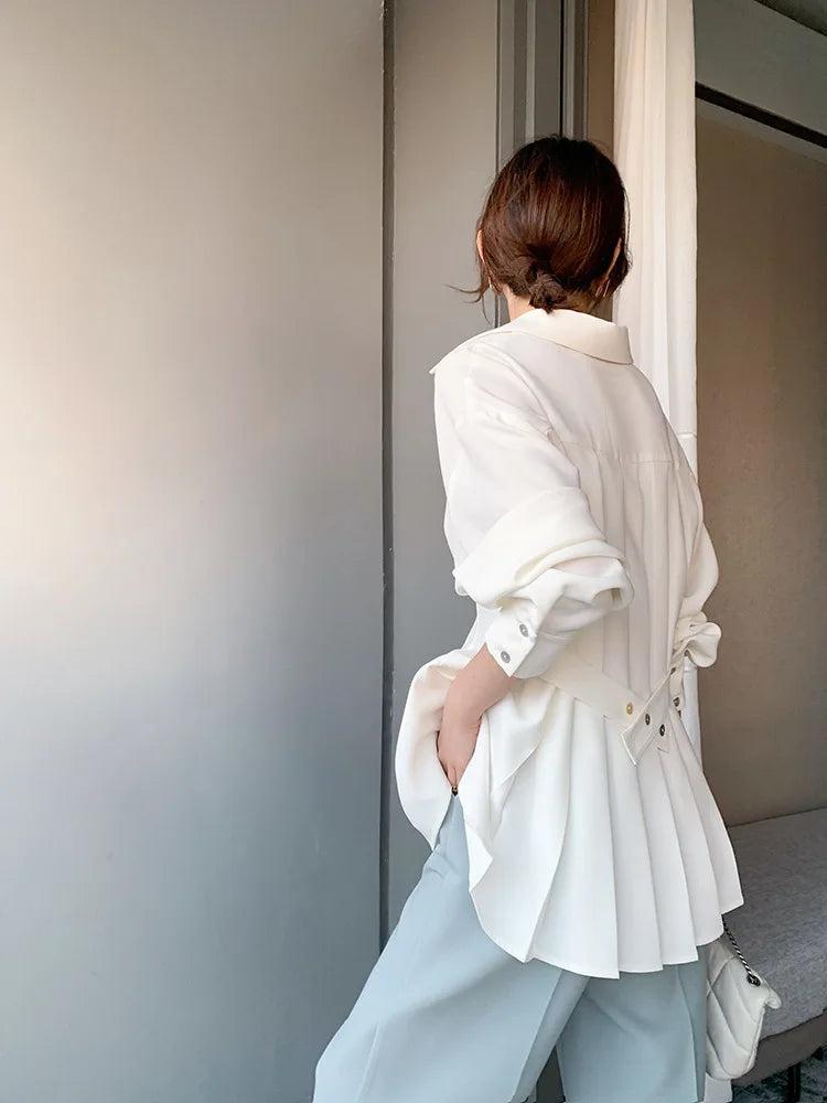 Elegant Women Shirts Woman Waist Long Sleeve Lapel Single Breasted Sashe Shirt Office Lady Business Pleated Ruched Blouses Tops