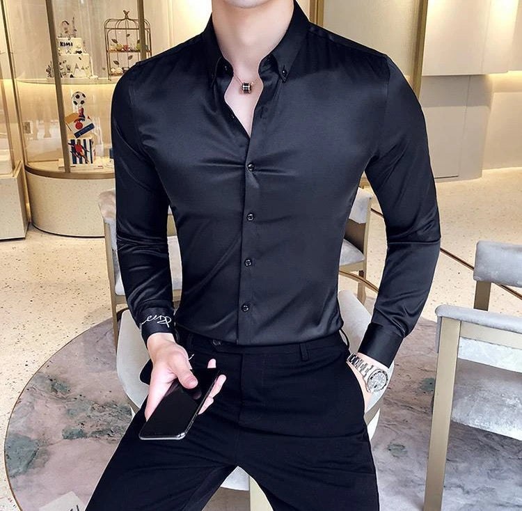 Plain Long Sleeve Shirts and Blouses for Men Business Silk Summer Button Man Tops Fashion 2025 Social High Quality Clothing S I