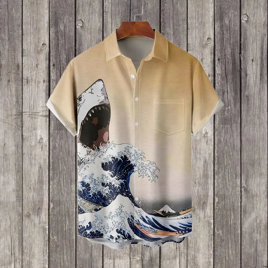 Men's shirt, small fish eating big fish, fashionable and casual, slim fit, Hawaiian men