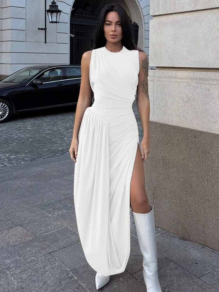 Woman Clothing O-neck Sleeveless Tunics High Slit Long Dress Streetwear Y2K Female High Waist Ruched Solid Holiday Party Dresses