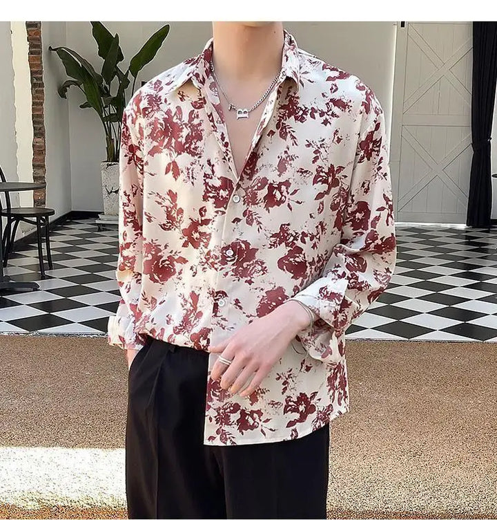 Men's Floral Shirt Men's Style New Long-sleeved Spring Autumn High-end Ice Silk Casual Loose