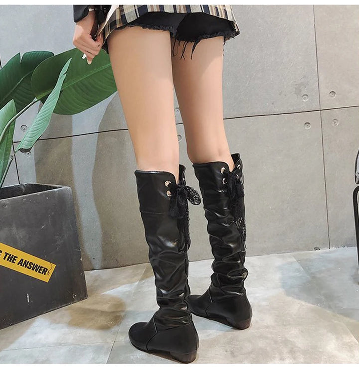 2024 Women’s Knee-High Boots – Pleated Leather, Low Heel, Casual Shoes