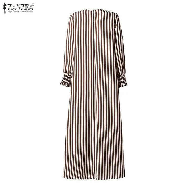 ZANZEA Fashion Muslim Dresses Ramadan Abaya Elegant Women O  Neck Long Sleeve Striped Sundress Casual Kaftan Dubai Robe Femme
