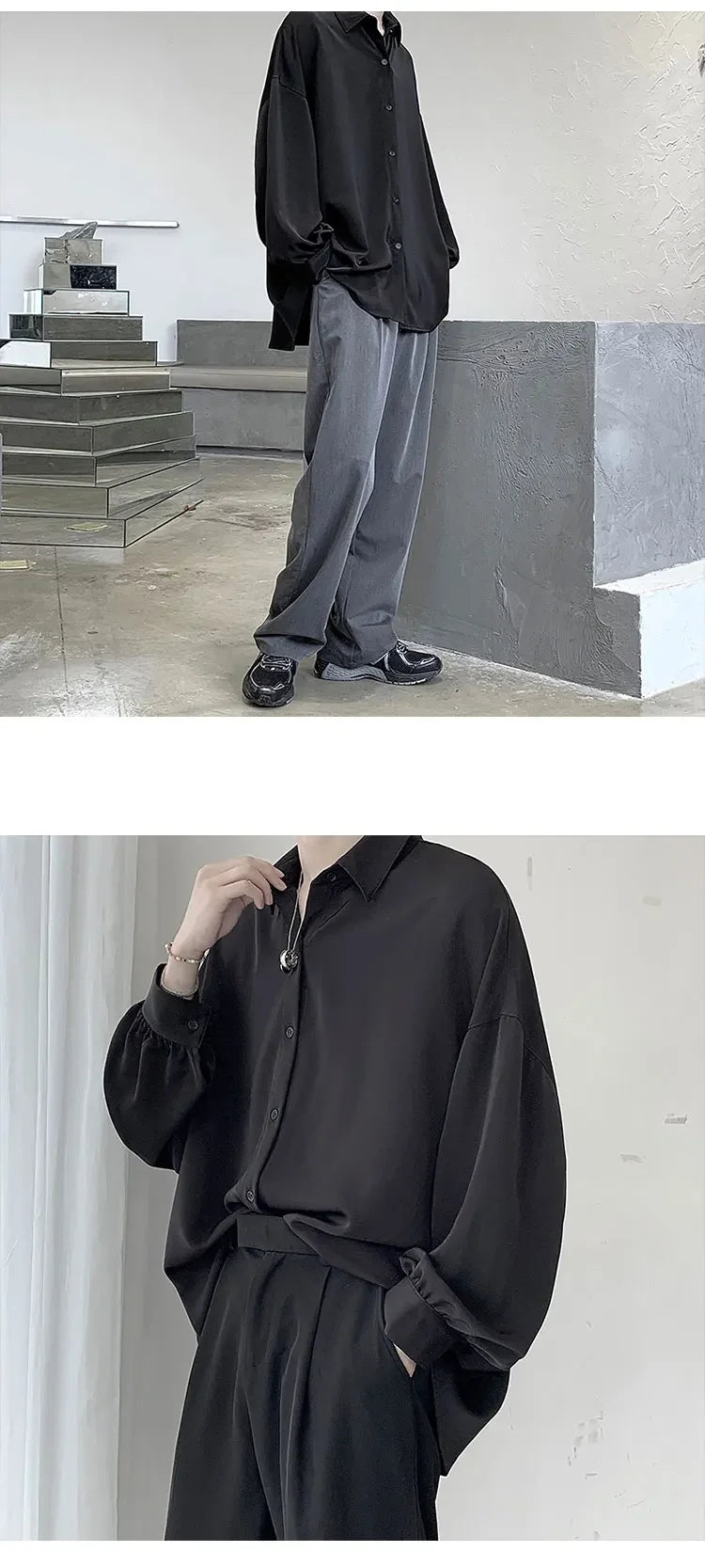 Korean Style Men's Long-sleeved Shirts Black Tie Cozy Casual Solid Oversize Blouses Breathable Loose Shirt Harajuku Male Clothes