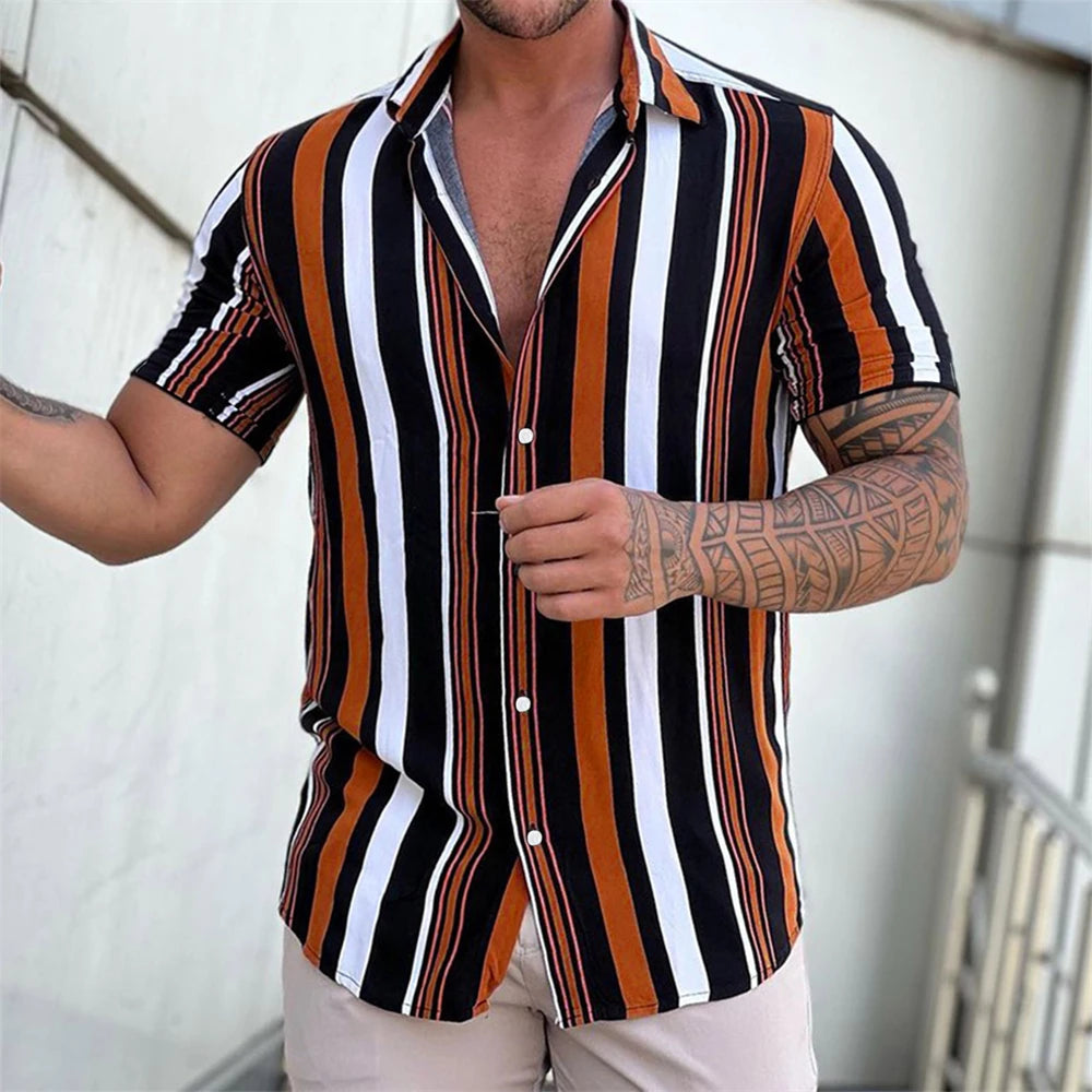 Men's Shirts Striped Shirts 3D Hawaiian Button Short Sleeve Plaid Red Top Beach Wear Black and White Shirt Men's Clothing