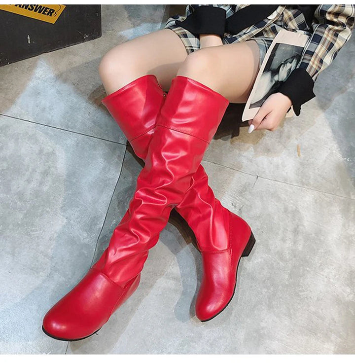 2024 Women’s Knee-High Boots – Pleated Leather, Low Heel, Casual Shoes