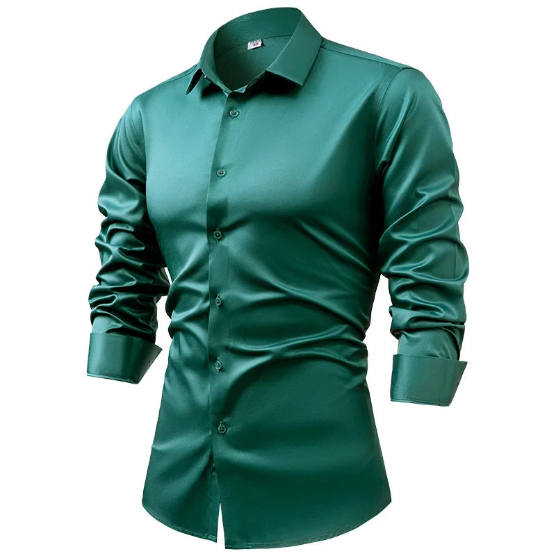 High-end Satin Shirts for Men Fashion Long Sleeved Solid Dress Shirts Men's Business Social Non-ironing Wrinkle-resistant Shirts