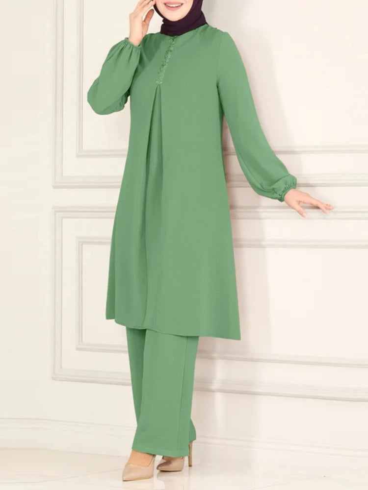 Casual Muslim Dress for Women Blouse 2 Piece Set Long Sleeve Shirt Wide Leg Pant Suits Saudi Arabic Dubai Dresses Autumn 2023
