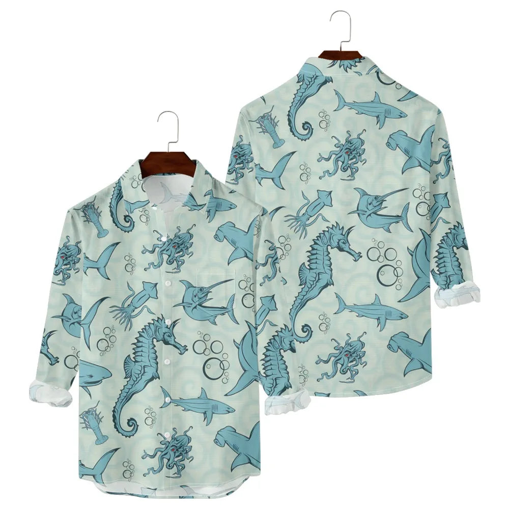 Men’s Hawaiian Fish Print Shirt – Long Sleeve Casual