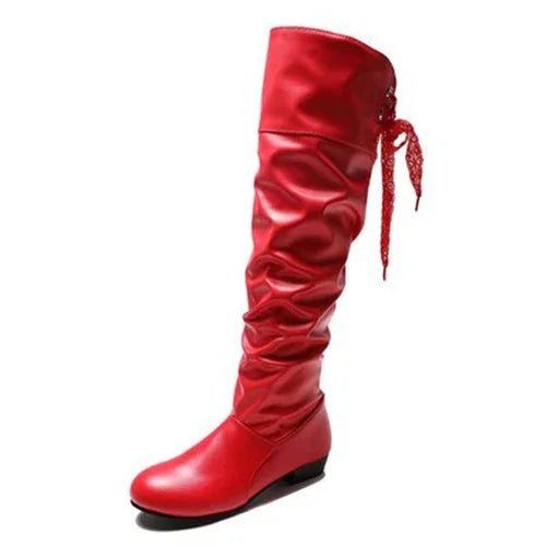 2024 Women’s Knee-High Boots – Pleated Leather, Low Heel, Casual Shoes