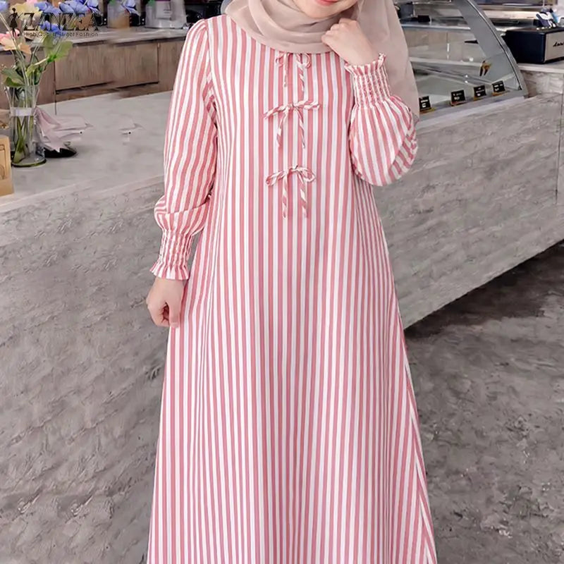 ZANZEA Fashion Muslim Dresses Ramadan Abaya Elegant Women O  Neck Long Sleeve Striped Sundress Casual Kaftan Dubai Robe Femme