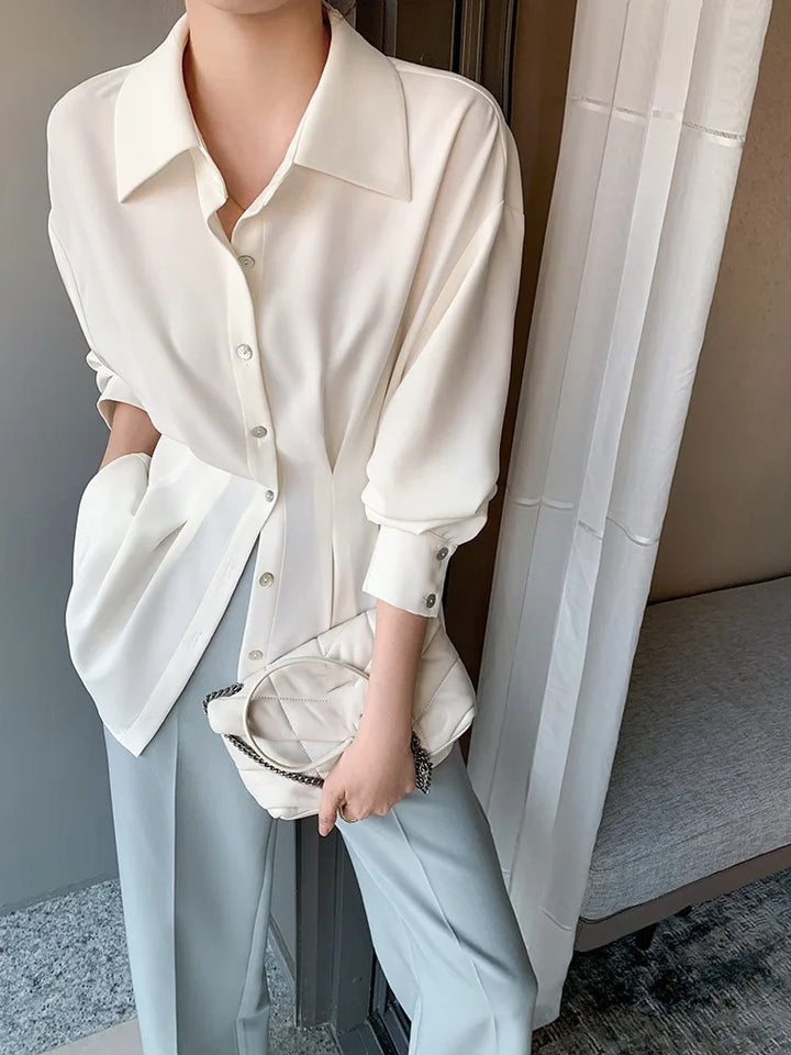 Elegant Women Shirts Woman Waist Long Sleeve Lapel Single Breasted Sashe Shirt Office Lady Business Pleated Ruched Blouses Tops