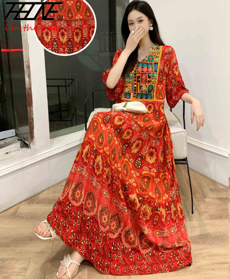 Women’s Indian Summer Dress – Embroidered Elegant Maxi Party & Beach Dress