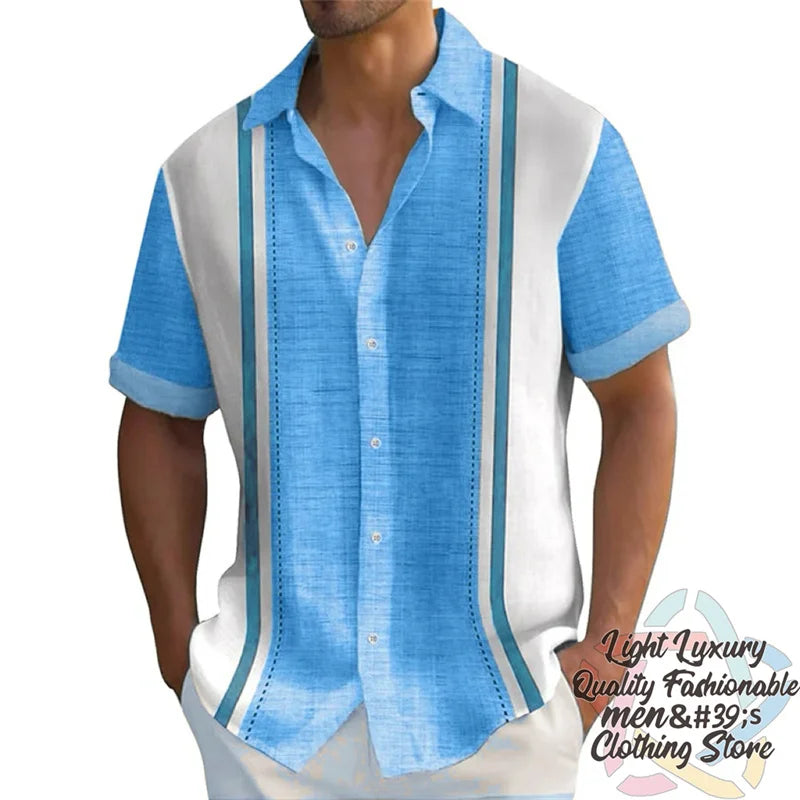 Men's shirts Summer striped linen print shirts Casual short-sleeved button Hawaiian shirts Oversized men's tops outfit collar