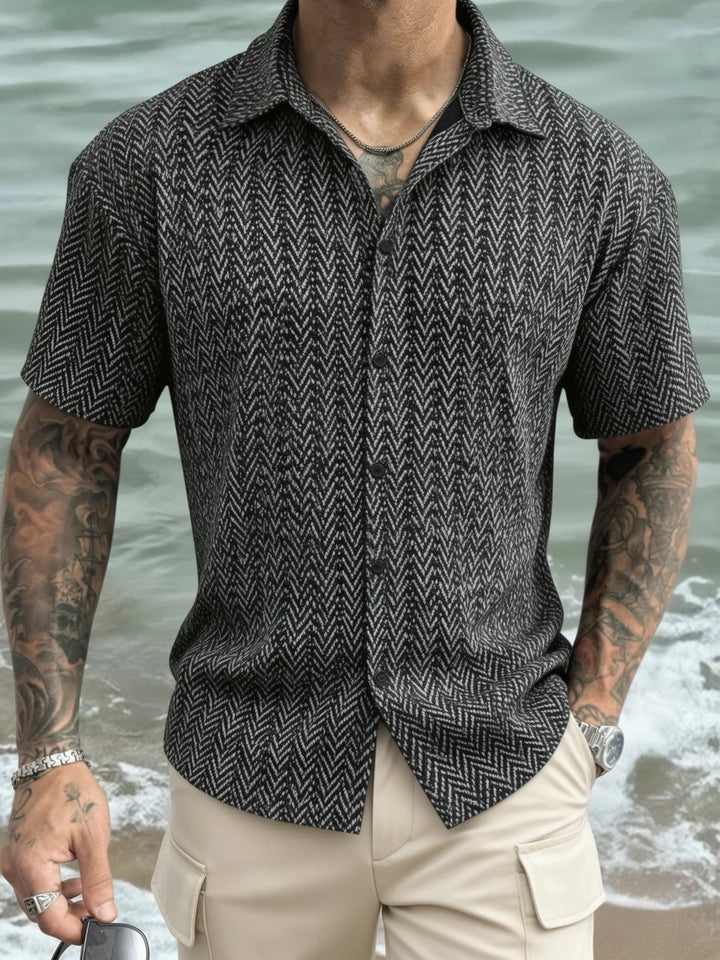 Men's Summer Herringbone Short Sleeve Shirts Casual Loose Turn-Down Collar Sweater Tops Cross-Border Men's Fashion