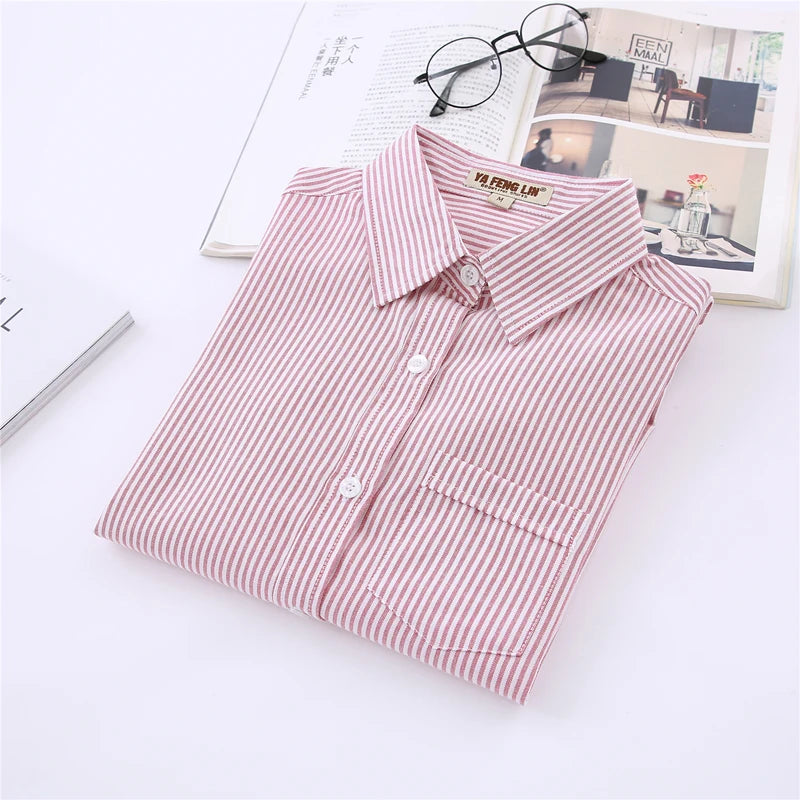 White Blue Pink Striped Shirt Women 2024 Spring New Simple Casual Long Sleeves Blouses and Tops Office Fashion Ladies Clothes