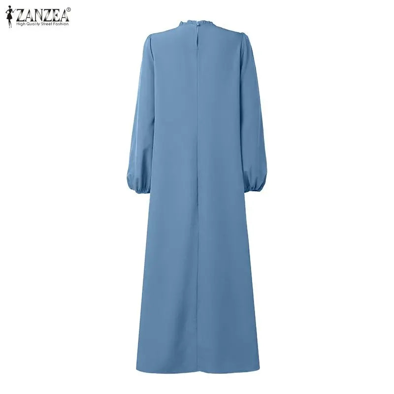 ZANZEA Muslim Modest Fashion Maxi Dress Women's Hijab O-Neck Long Sleeve Ruffled Hem Abaya Robes Islamic Ramadan Eid Kaftan