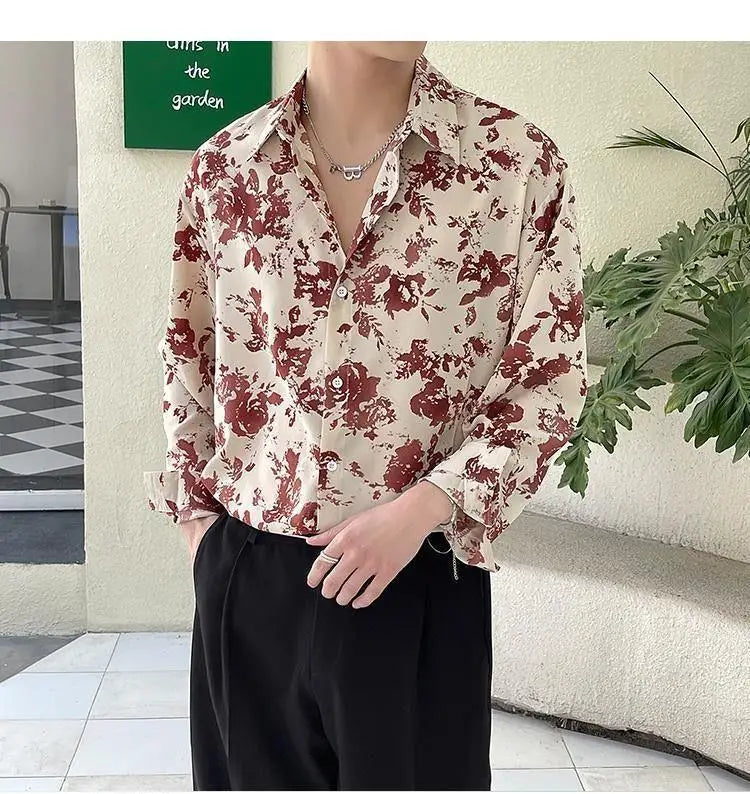 Men's Floral Shirt Men's Style New Long-sleeved Spring Autumn High-end Ice Silk Casual Loose