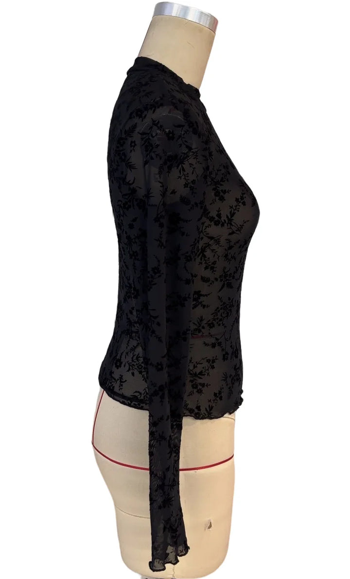 Women’s Sexy Mesh Top – Long Sleeve Floral Sheer Blouse