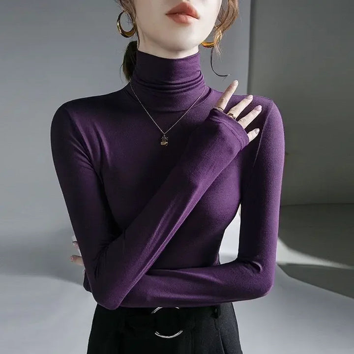 2025 Women’s Turtleneck T-Shirt – Skinny Fit, Black & Purple Grunge Tee
