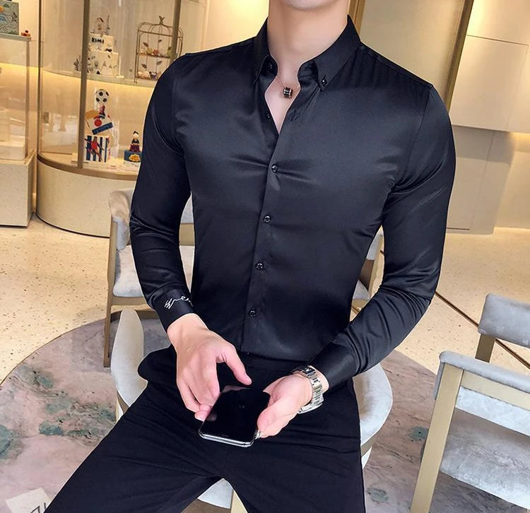 Plain Long Sleeve Shirts and Blouses for Men Business Silk Summer Button Man Tops Fashion 2025 Social High Quality Clothing S I