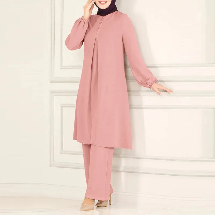Casual Muslim Dress for Women Blouse 2 Piece Set Long Sleeve Shirt Wide Leg Pant Suits Saudi Arabic Dubai Dresses Autumn 2023
