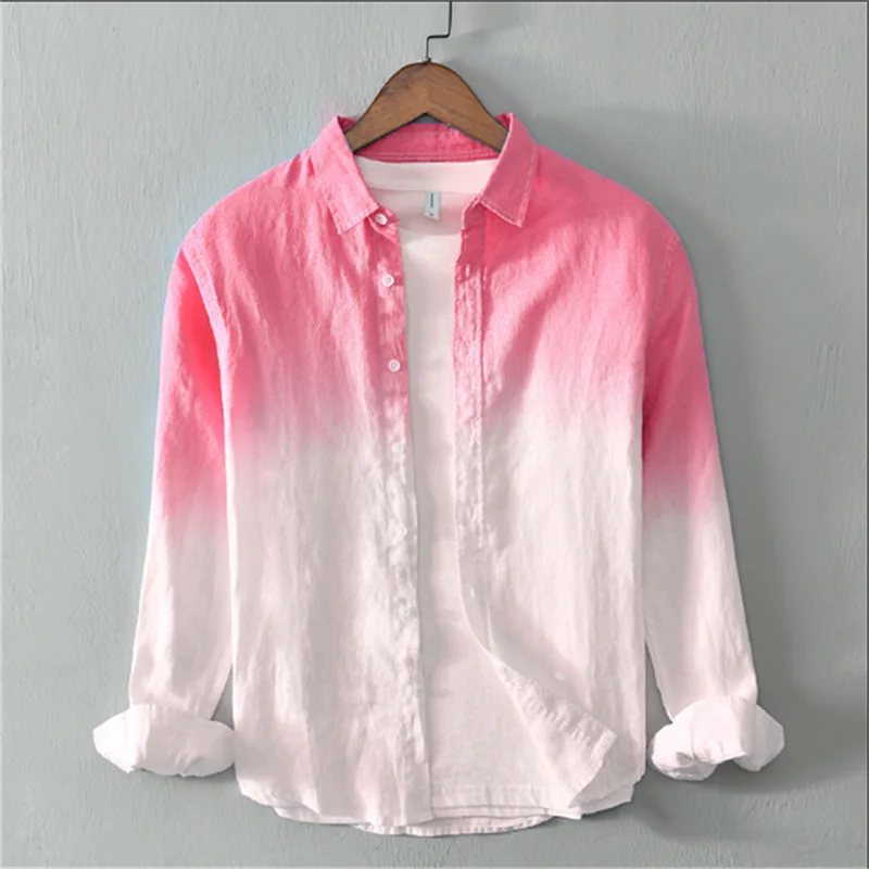 Fashion shirts 100% linen fabric gradient pink blue gray new series of men and women matching colors casual and comfortable