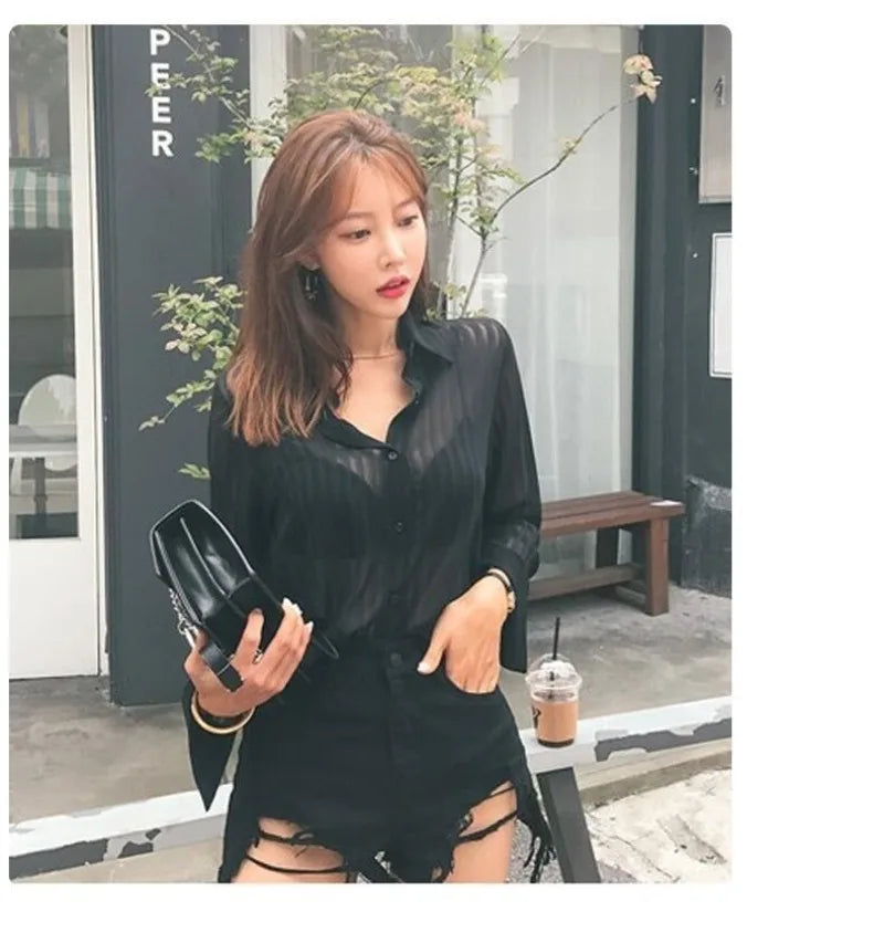 See Through Black Striped Shirts Women  Spring Summer Casual Long Sleeve Y2k Blusas Sexy Ladies White Chiffon Tops and Blouses