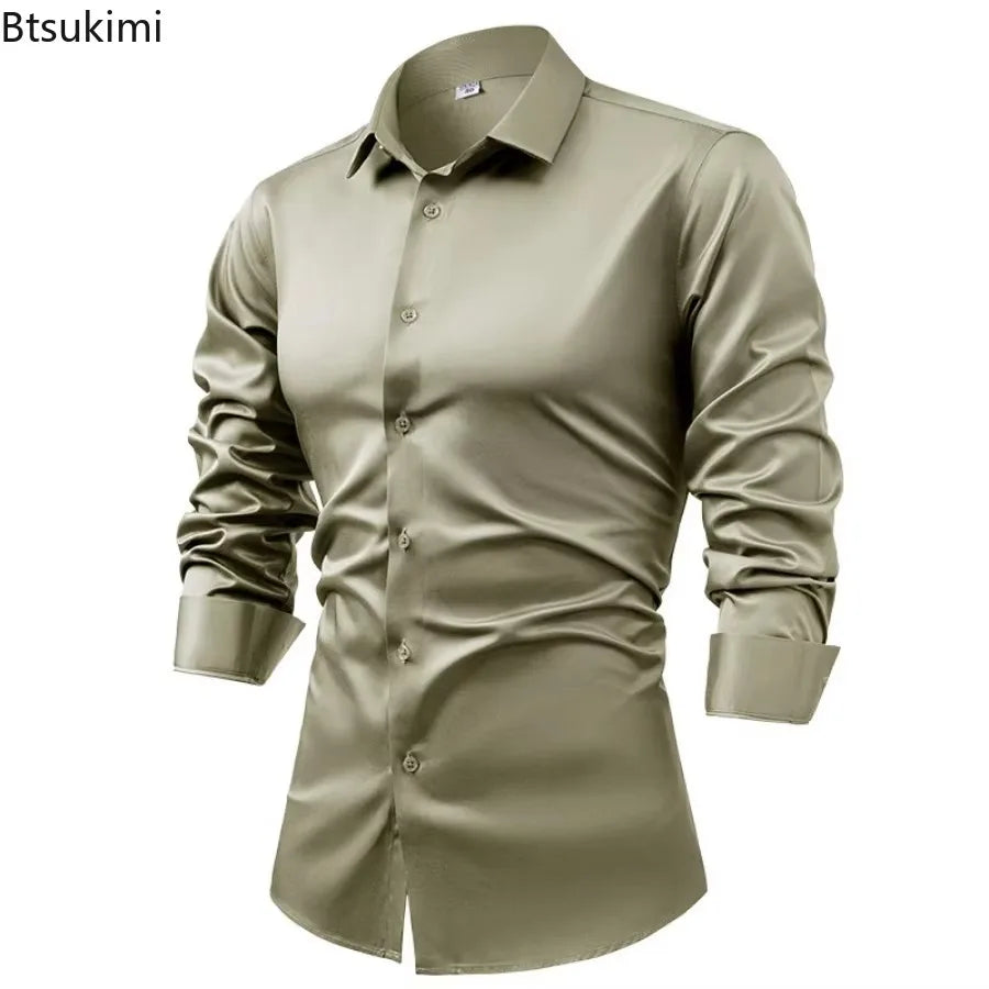 High-end Satin Shirts for Men Fashion Long Sleeved Solid Dress Shirts Men's Business Social Non-ironing Wrinkle-resistant Shirts