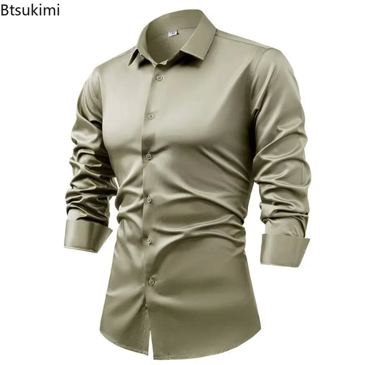 High-end Satin Shirts for Men Fashion Long Sleeved Solid Dress Shirts Men's Business Social Non-ironing Wrinkle-resistant Shirts