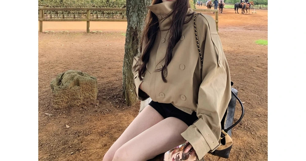 Khaki Standing Collar Short Windbreaker for Women 2025 New High-end Double Breasted Jacket
