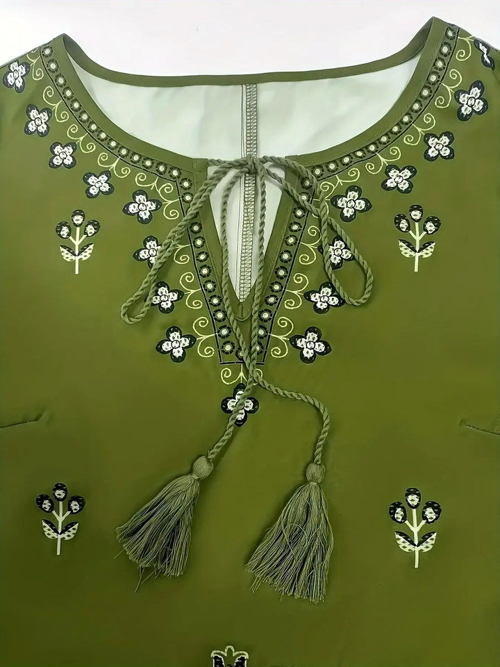 2pcs Boho Chic Salwar Suit Ethnic Print Lightweight Non-See-Through Ramadan Fashion with Flared Cuffs & Hem for Women Outdoor Ev