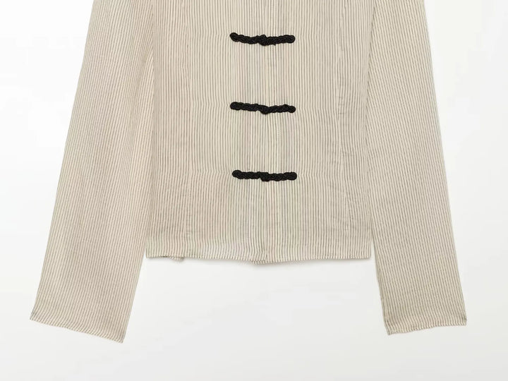 Women Trendy Sexy Striped Shirts Summer Female Chic Rope Buttons Sheer Shirts Lady High Street Elegant Long Sleeve Blouse Tops
