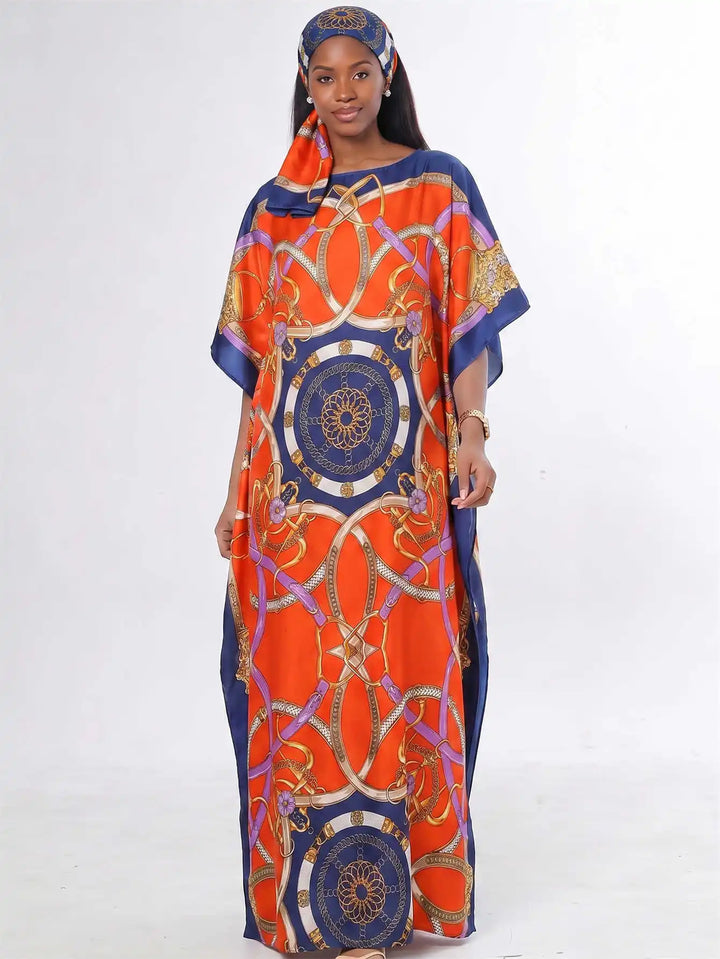 Women Muslim Kaftan Abaya With Matching Hijab Scarf Chain Print Maxi Dress Loose Batwing Sleeve Long Robe Set For Malay